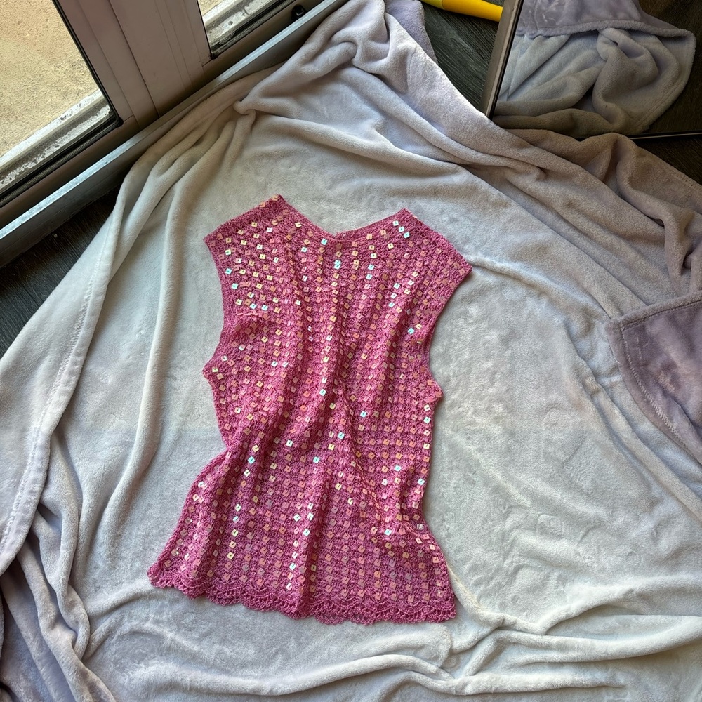 Hot Pink vintage y2k viral crochet beaded bead sequin embellished tank top
